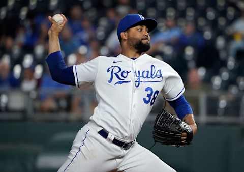 KANSAS CITY, MO – SEPTEMBER 29: Joel Payamps #38 of the Kansas City Royals throws in the fifth inning against the Cleveland Indians at Kauffman Stadium on September 29, 2021, in Kansas City, Missouri. (Photo by Ed Zurga/Getty Images)