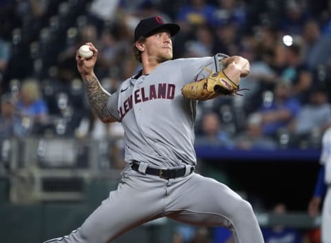 KANSAS CITY, MO – SEPTEMBER 29: Zach Plesac #34 of the Cleveland Indians throws in the first inning against the Kansas City Royals at Kauffman Stadium on September 29, 2021, in Kansas City, Missouri. (Photo by Ed Zurga/Getty Images)