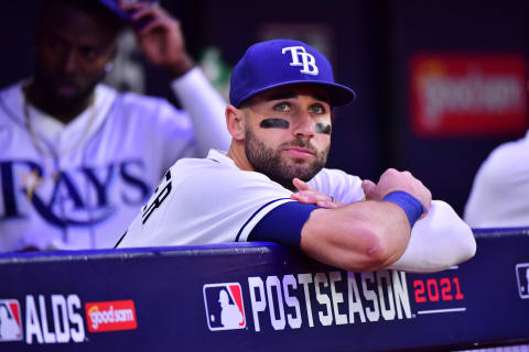 ST PETERSBURG, FLORIDA – OCTOBER 07: Kevin Kiermaier #39 of the Tampa Bay Rays looks on prior to Game 1 of the American League Division Series between the Tampa Bay Rays and the Boston Red Sox at Tropicana Field on October 07, 2021 in St Petersburg, Florida. (Photo by Julio Aguilar/Getty Images)