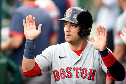 WASHINGTON, DC – OCTOBER 03: Jose Iglesias #12 of the Boston Red Sox celebrates with teammates after scoring in the sixth inning against the Washington Nationals at Nationals Park on October 03, 2021 in Washington, DC. Iglesias will be with the Colorado Rockies in 2022. (Photo by G Fiume/Getty Images)