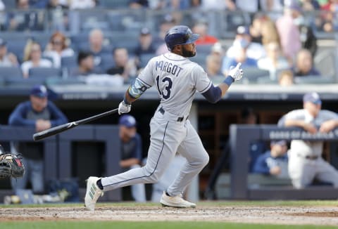 NEW YORK, NEW YORK – OCTOBER 02: Manuel Margot #13 of the Tampa Bay Rays in action against the New York Yankees at Yankee Stadium on October 02, 2021 in New York City. The Rays defeated the Yankees 12-2. (Photo by Jim McIsaac/Getty Images)