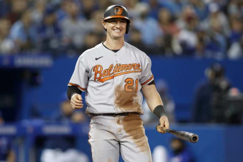 TORONTO, ON – OCTOBER 01: Austin Hays #21 of the Baltimore Orioles at bat in the fourth inning of their MLB game against the Toronto Blue Jays at Rogers Centre on October 1, 2021 in Toronto, Ontario. (Photo by Cole Burston/Getty Images)