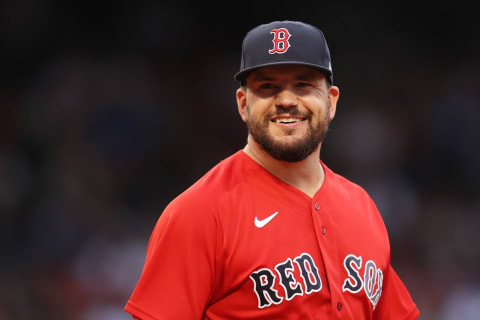 BOSTON, MASSACHUSETTS – OCTOBER 10: Kyle Schwarber #18 of the Boston Red Sox looks on during Game 3 of the American League Division Series against the Tampa Bay Rays at Fenway Park on October 10, 2021 in Boston, Massachusetts. (Photo by Maddie Meyer/Getty Images)