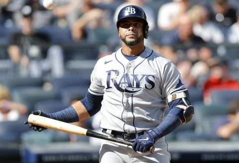 NEW YORK, NEW YORK – OCTOBER 02: Nelson Cruz #23 of the Tampa Bay Rays in action against the New York Yankees at Yankee Stadium on October 02, 2021 in New York City. The Rays defeated the Yankees 12-2. (Photo by Jim McIsaac/Getty Images)