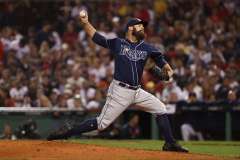 BOSTON, MASSACHUSETTS – OCTOBER 11: Andrew Kittredge #36 of the Tampa Bay Rays pitches in the fourth inning against the Boston Red Sox during Game 4 of the American League Division Series at Fenway Park on October 11, 2021 in Boston, Massachusetts. (Photo by Winslow Townson/Getty Images)