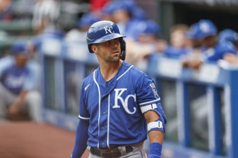 CLEVELAND, OH – SEPTEMBER 20: Whit Merrifield #15 of the Kansas City Royals waits to bat against the Cleveland Indians in the first inning during game one of a doubleheader at Progressive Field on September 20, 2021 in Cleveland, Ohio. (Photo by Ron Schwane/Getty Images)