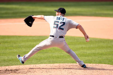 WASHINGTON, DC – SEPTEMBER 15: Anthony Bass #52 of the Miami Marlins pitches during a baseball game against the Washington Nationals at Nationals Park on September 15, 2021 in Washington, DC. (Photo by Mitchell Layton/Getty Images)