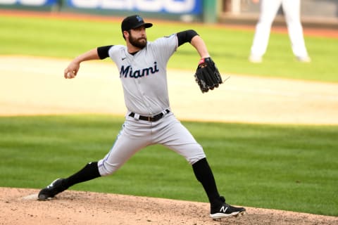 WASHINGTON, DC – SEPTEMBER 15: Dylan Floro #36 of the Miami Marlins pitches during a baseball game against the Washington Nationals at Nationals Park on September 15, 2021 in Washington, DC. (Photo by Mitchell Layton/Getty Images)