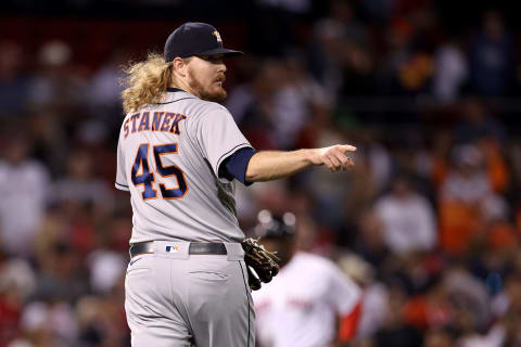 BOSTON, MASSACHUSETTS – OCTOBER 20: Ryne Stanek #45 of the Houston Astros reacts after the final out of their win against the Boston Red Sox in Game Five of the American League Championship Series at Fenway Park on October 20, 2021 in Boston, Massachusetts. (Photo by Maddie Meyer/Getty Images)