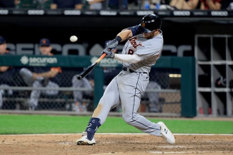 CHICAGO, ILLINOIS – OCTOBER 01: Robbie Grossman #8 of the Detroit Tigers at bat in the game against the Chicago White Sox at Guaranteed Rate Field on October 01, 2021 in Chicago, Illinois. (Photo by Justin Casterline/Getty Images)