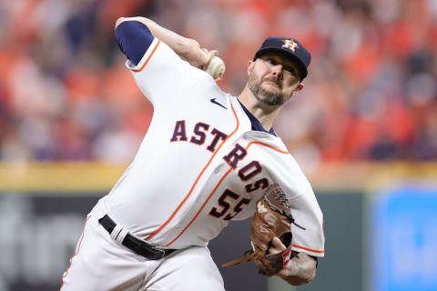 HOUSTON, TEXAS – OCTOBER 22: Ryan Pressly #55 of the Houston Astros delivers a pitch against the Boston Red Sox during the ninth inning in Game Six of the American League Championship Series at Minute Maid Park on October 22, 2021 in Houston, Texas. (Photo by Carmen Mandato/Getty Images)