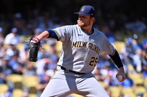 LOS ANGELES, CALIFORNIA – OCTOBER 03: Brett Anderson #25 of the Milwaukee Brewers pitches against the Los Angeles Dodgers at Dodger Stadium on October 03, 2021 in Los Angeles, California. (Photo by Jonathan Moore/Getty Images)