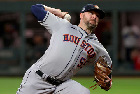 ATLANTA, GEORGIA – OCTOBER 30: Ryan Pressly #55 of the Houston Astros delivers the pitch against the Atlanta Braves during the eighth inning in Game Four of the World Series at Truist Park on October 30, 2021 in Atlanta, Georgia. (Photo by Kevin C. Cox/Getty Images)