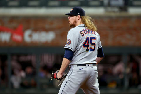 ATLANTA, GEORGIA – OCTOBER 31: Ryne Stanek #45 of the Houston Astros celebrates after retiring the side against the Atlanta Braves during the seventh inning in Game Five of the World Series at Truist Park on October 31, 2021 in Atlanta, Georgia. (Photo by Kevin C. Cox/Getty Images)