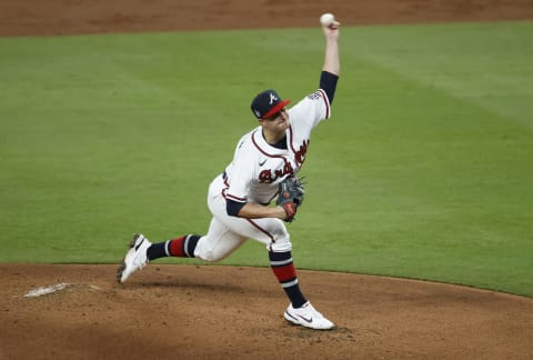 ATLANTA, GEORGIA – OCTOBER 31: Pitcher Tucker Davidson #64 of the Atlanta Braves throws a pitch during Game Five of the World Series against the Houston Astros at Truist Park on October 31, 2021 in Atlanta, Georgia. (Photo by Michael Zarrilli/Getty Images)