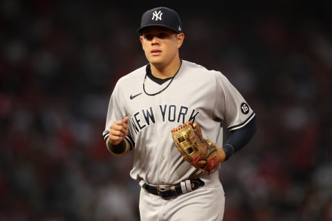 ANAHEIM, CA – AUGUST 31: Gio Urshela #29 of the New York Yankees looks on during the game against the Los Angeles Angels at Angel Stadium on August 31, 2021 in Anaheim, California. The Angels defeated the Yankees 6-4. (Photo by Rob Leiter/MLB Photos via Getty Images)