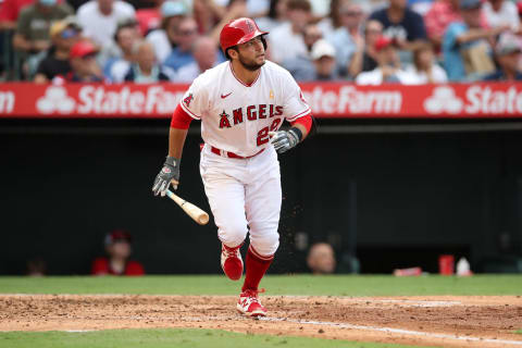 ANAHEIM, CA – SEPTEMBER 1: David Fletcher #22 of the Los Angeles Angels bats during the game against the New York Yankees at Angel Stadium on September 1, 2021 in Anaheim, California. The Yankees defeated the Angels 4-1. (Photo by Rob Leiter/MLB Photos via Getty Images)