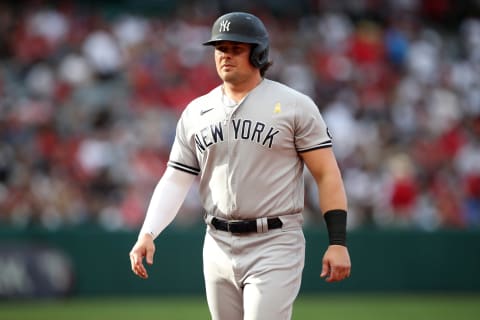 ANAHEIM, CA – SEPTEMBER 1: Luke Voit #59 of the New York Yankees looks on during the game against the Los Angeles Angels at Angel Stadium on September 1, 2021 in Anaheim, California. The Yankees defeated the Angels 4-1. (Photo by Rob Leiter/MLB Photos via Getty Images)