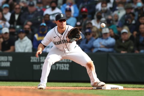 SEATTLE – SEPTEMBER 15: Ty France #23 of the Seattle Mariners plays first base during the game against the Boston Red Sox at T-Mobile Park on September 15, 2021 in Seattle, Washington. The Red Sox defeated the Mariners 9-4. (Photo by Rob Leiter/MLB Photos via Getty Images)