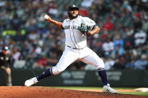 SEATTLE – SEPTEMBER 15: Diego Castillo #63 of the Seattle Mariners pitches during the game against the Boston Red Sox at T-Mobile Park on September 15, 2021 in Seattle, Washington. The Red Sox defeated the Mariners 9-4. (Photo by Rob Leiter/MLB Photos via Getty Images)