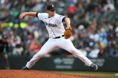 SEATTLE – SEPTEMBER 15: Casey Sadler #65 of the Seattle Mariners pitches during the game against the Boston Red Sox at T-Mobile Park on September 15, 2021 in Seattle, Washington. The Red Sox defeated the Mariners 9-4. (Photo by Rob Leiter/MLB Photos via Getty Images)