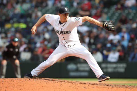 SEATTLE – SEPTEMBER 15: Paul Sewald #37 of the Seattle Mariners pitches during the game against the Boston Red Sox at T-Mobile Park on September 15, 2021, in Seattle, Washington. The Red Sox defeated the Mariners 9-4. (Photo by Rob Leiter/MLB Photos via Getty Images)