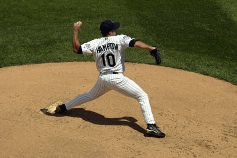 DENVER – AUGUST 8: Pitcher Mike Hampton #10 of the Colorado Rockies throws a pitch during the MLB game against the Cincinnati Reds on August 8, 2002 at Coors Field in Denver, Colorado. The Rockies won 10-3. (Photo by Brian Bahr/Getty Images)