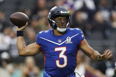 LAS VEGAS, NEVADA – FEBRUARY 06: Russell Wilson #3 of the Seattle Seahawks and NFC throws against the AFC in the fourth quarter of the 2022 NFL Pro Bowl at Allegiant Stadium on February 06, 2022 in Las Vegas, Nevada. (Photo by Christian Petersen/Getty Images)