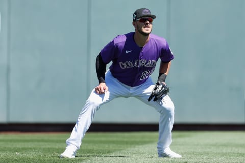 SCOTTSDALE, ARIZONA – MARCH 24: Outfielder Kris Bryant #23 of the Colorado Rockies in action during the second inning of the MLB spring training game against the Los Angeles Dodgers at Salt River Fields at Talking Stick on March 24, 2022 in Scottsdale, Arizona. (Photo by Christian Petersen/Getty Images)