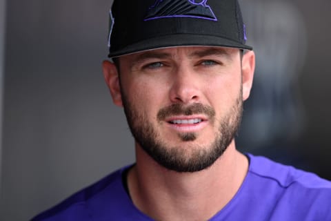 SCOTTSDALE, ARIZONA – MARCH 29: Kris Bryant #23 of the Colorado Rockies prepares for a spring training game against the Los Angeles Angels at Salt River Fields at Talking Stick on March 29, 2022 in Scottsdale, Arizona. (Photo by Norm Hall/Getty Images)