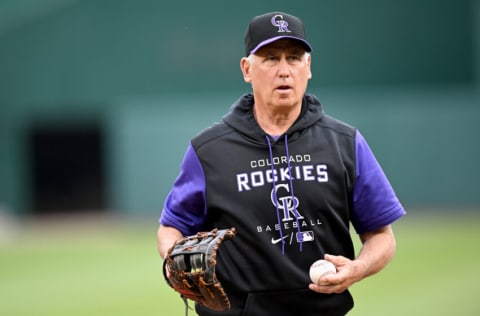 WASHINGTON, DC - MAY 26: Manager Bud Black #10 of the Colorado Rockies watches batting practice before the game against the Washington Nationals at Nationals Park on May 26, 2022 in Washington, DC. (Photo by G Fiume/Getty Images)