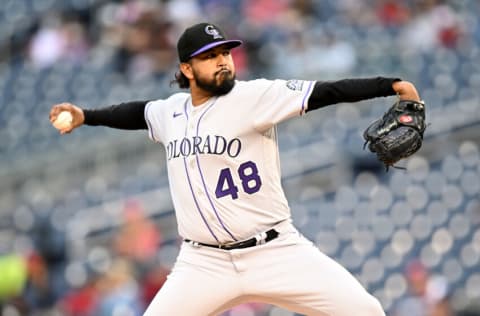 WASHINGTON, DC - MAY 26: German Marquez #48 of the Colorado Rockies pitches against the Washington Nationals at Nationals Park on May 26, 2022 in Washington, DC. (Photo by G Fiume/Getty Images)