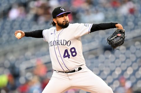 WASHINGTON, DC – MAY 26: German Marquez #48 of the Colorado Rockies pitches against the Washington Nationals at Nationals Park on May 26, 2022 in Washington, DC. (Photo by G Fiume/Getty Images)