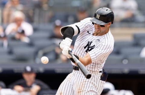 NEW YORK, NEW YORK - JUNE 02: Joey Gallo #13 of the New York Yankees at bat during the third inning of game one of a doubleheader against the Los Angeles Angels at Yankee Stadium on June 02, 2022 in New York City. (Photo by Dustin Satloff/Getty Images)