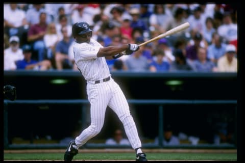 12 Jun 1996: Center fielder Ellis Burks of the Colorado Rockies during a game against the Houston Astros at Coors Field in Denver, Colorado. (Mandatory Credit: Stephen Dunn /Allsport)