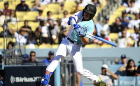 LOS ANGELES, CALIFORNIA – JULY 16: Zac Veen #9 of the National League hits a base hit in the third inning during the SiriusXM All-Star Futures Game at Dodger Stadium on July 16, 2022 in Los Angeles, California. (Photo by Kevork Djansezian/Getty Images)