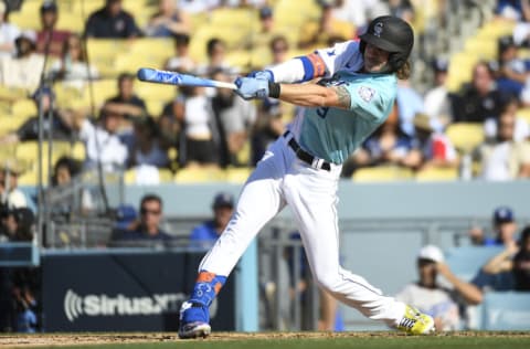 LOS ANGELES, CALIFORNIA - JULY 16: Zac Veen #9 of the National League hits a base hit in the third inning during the SiriusXM All-Star Futures Game at Dodger Stadium on July 16, 2022 in Los Angeles, California. (Photo by Kevork Djansezian/Getty Images)