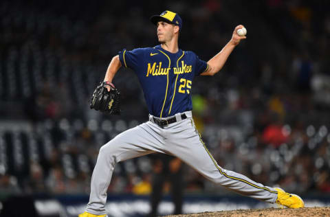 PITTSBURGH, PA - AUGUST 03: Taylor Rogers #25 of the Milwaukee Brewers in action during the game against the Pittsburgh Pirates at PNC Park on August 3, 2022 in Pittsburgh, Pennsylvania. (Photo by Joe Sargent/Getty Images)