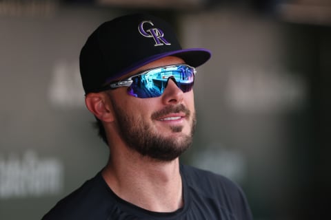 CHICAGO, ILLINOIS – SEPTEMBER 16: Kris Bryant of the Colorado Rockies looks on from the dugout against the Chicago Cubs at Wrigley Field on September 16, 2022 in Chicago, Illinois. (Photo by Michael Reaves/Getty Images)