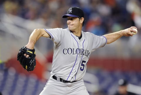 MIAMI, FL – MAY 21: Pitcher Jamie Moyer #50 of the Colorado Rockies pitches during an MLB game against the Miami Marlins at Marlins Park on May 21, 2012 in Miami, Florida. (Photo by Ronald C. Modra/Getty Images)