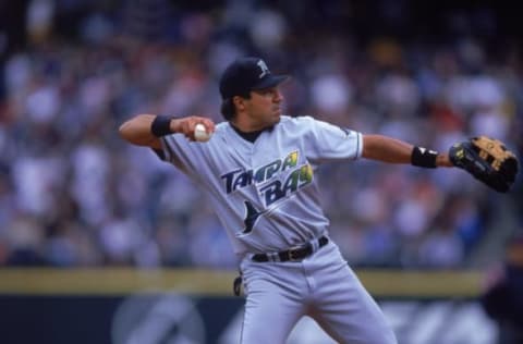 21 May 2000: Vinny Castilla #9 of the Tampa Bay Devil Rays throws the ball during a game against the Seattle Mariners at the Safeco Field in Seattle, Washington. The Mariners defeated the Devil Rays 8-4. Mandatory Credit: Otto Greule Jr./Allsport