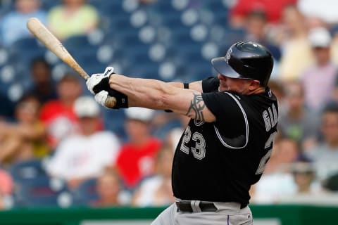 WASHINGTON, DC – JULY 07: Jason Giambi #23 of the Colorado Rockies bats against the Washington Nationals during the ninth inning at Nationals Park on July 7, 2012 in Washington, DC. (Photo by Rob Carr/Getty Images)