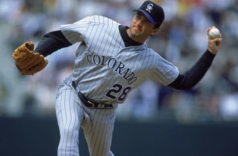 6 Jul 2000: Pitcher Mike Myers #28 of the Colorado Rockies throws a pitch during the game against the San Francisco Giants at Pac Bell Park in San Francisco, California. The Giants defeated the Rockies 6-5. Mandatory Credit: Jed Jacobsohn/Allsport (Getty Images)