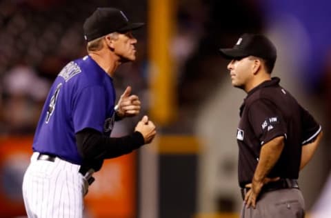 DENVER, CO – SEPTEMBER 10: Manager Jim Tracy #4 of the Colorado Rockies protests a double play call by umpire Angel Campos and is ejected from the game at the end of the seventh inning at Coors Field on September 10, 2012 in Denver, Colorado. (Photo by Doug Pensinger/Getty Images)