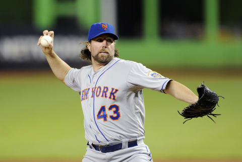 MIAMI, FL – OCTOBER 02: Pitcher R.A. Dickey #43 of the New York Mets pitches during an MLB game against the Miami Marlins at Marlins Park on October 2, 2012 in Miami, Florida. (Photo by Ronald C. Modra/Getty Images)