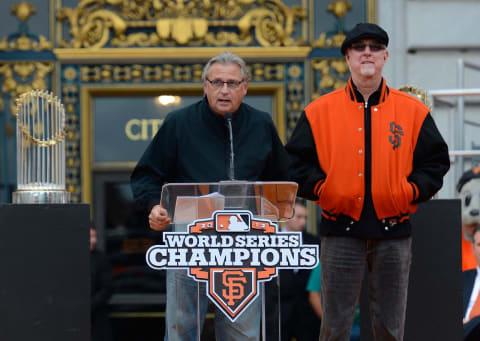 SAN FRANCISCO, CA – OCTOBER 31: San Francisco Giants broadcast team of Duane Kuiper (L) and Mike Krukow (R) speaks to the fans during the Giants’ victory parade and celebration on October 31, 2012 in San Francisco, California. The Giants celebrated their 2012 World Series victory over the Detroit Tigers. (Photo by Thearon W. Henderson/Getty Images)