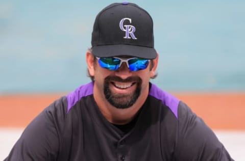 DENVER, CO – APRIL 05: Todd Helton #17 of the Colorado Rockies looks on during warm up prior to facing the San Diego Padres during Opening Day at Coors Field on April 5, 2013 in Denver, Colorado. (Photo by Doug Pensinger/Getty Images)