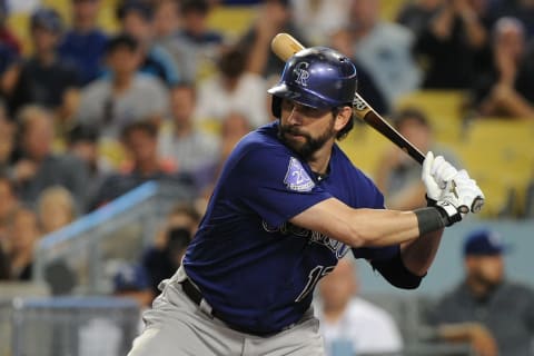 LOS ANGELES, CA – SEPTEMBER 28: Todd Helton #17 of the Colorado Rockies bats against the Los Angeles Dodgers at Dodger Stadium on September 28, 2013 in Los Angeles, California. (Photo by Lisa Blumenfeld/Getty Images)