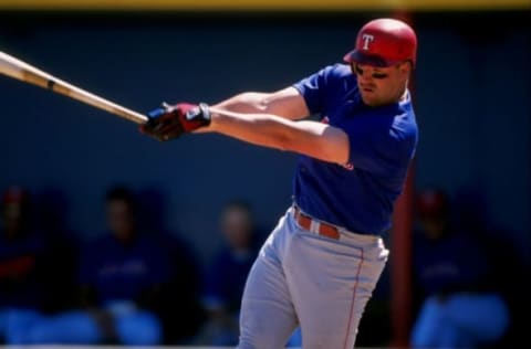 25 Feb 1998: Lee Stevens of the Texas Rangers poses for a portrait during Spring Training at the Charlotte County Stadium in Port Charlotte, Florida. Mandatory Credit: Rick Stewart/Allsport (Getty Images).