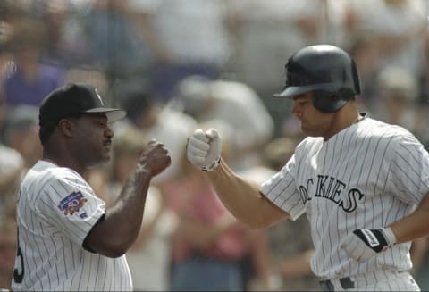 6 May 1997: Left fielder Dante Bichette of the Colorado Rockies during a game against the New York Mets at Coors Field in Denver, Colorado. (Mandatory Credit: Brian Bahr /Allsport)